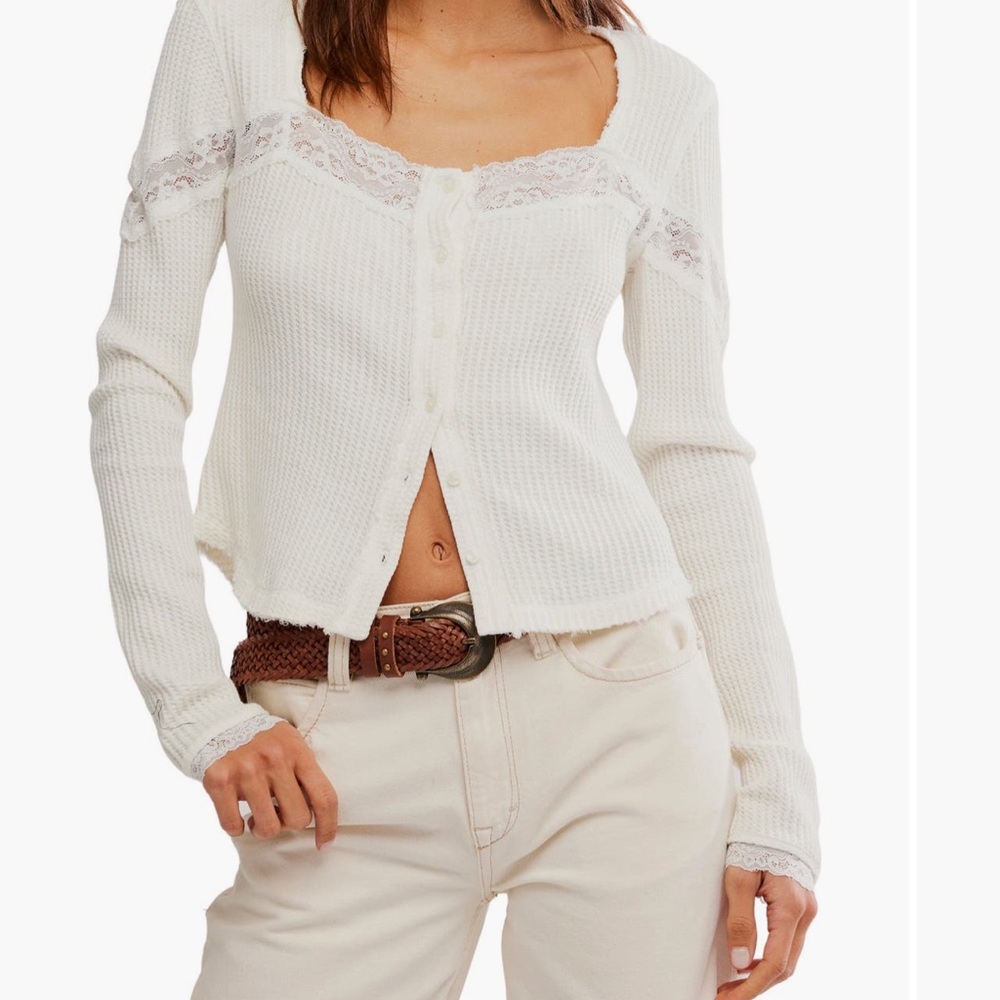 Free People let’s party lace trim cotton waffle cardigan